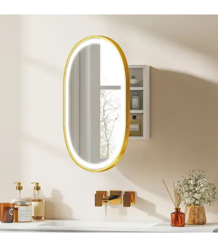 Armario de Baño con Espejo y Luces LED de 3 Colores Armario de Pared Ovalado con Función Memoria y Antivaho Dorado