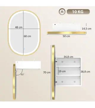 Armario de Baño con Espejo y Luces LED de 3 Colores Armario de Pared Ovalado con Función Memoria y Antivaho Dorado