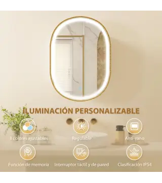 Armario de Baño con Espejo y Luces LED de 3 Colores Armario de Pared Ovalado con Función Memoria y Antivaho Dorado