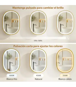 Armario de Baño con Espejo y Luces LED de 3 Colores Armario de Pared Ovalado con Función Memoria y Antivaho Dorado