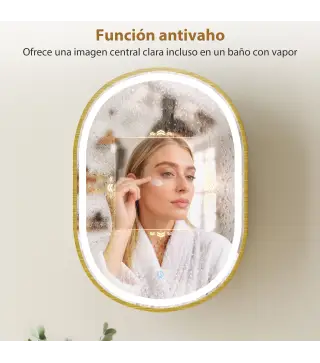 Armario de Baño con Espejo y Luces LED de 3 Colores Armario de Pared Ovalado con Función Memoria y Antivaho Dorado