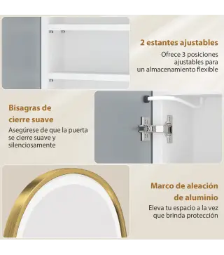 Armario de Baño con Espejo y Luces LED de 3 Colores Armario de Pared Ovalado con Función Memoria y Antivaho Dorado