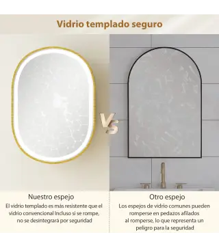 Armario de Baño con Espejo y Luces LED de 3 Colores Armario de Pared Ovalado con Función Memoria y Antivaho Dorado