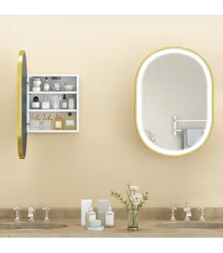 Armario de Baño con Espejo y Luces LED de 3 Colores Armario de Pared Ovalado con Función Memoria y Antivaho Dorado