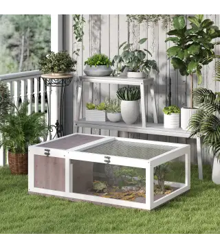 Casa para Tortugas de Madera con Techo de Malla y Paneles Laterales Transparentes Extraíbles 91x60,5x32 cm Marrón Claro