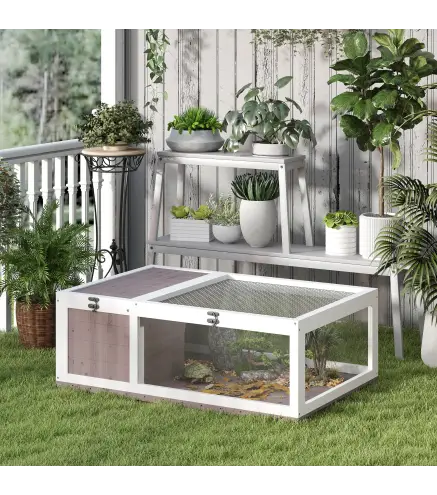 Casa para Tortugas de Madera con Techo de Malla y Paneles Laterales Transparentes Extraíbles 91x60,5x32 cm Marrón Claro