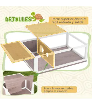 Casa para Tortugas de Madera con Techo de Malla y Paneles Laterales Transparentes Extraíbles 91x60,5x32 cm Marrón Claro