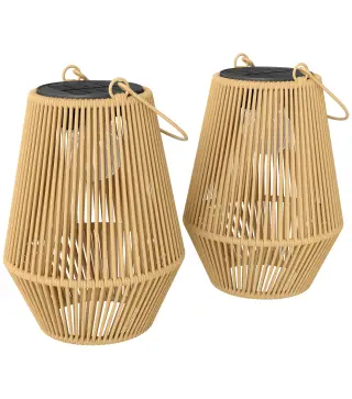 Set de 2 Farolas Solares Exterior Linternas Jardín de Ratán Colgantes con Encendido y Apagado Automático IP44 Marrón