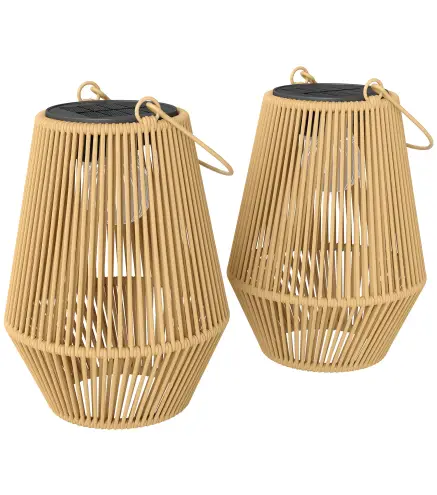 Set de 2 Farolas Solares Exterior Linternas Jardín de Ratán Colgantes con Encendido y Apagado Automático IP44 Marrón