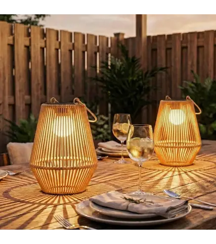 Set de 2 Farolas Solares Exterior Linternas Jardín de Ratán Colgantes con Encendido y Apagado Automático IP44 Marrón