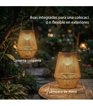 Set de 2 Farolas Solares Exterior Linternas Jardín de Ratán Colgantes con Encendido y Apagado Automático IP44 Marrón