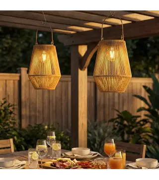 Set de 2 Farolas Solares Exterior Linternas Jardín de Ratán Colgantes con Encendido y Apagado Automático IP44 Marrón