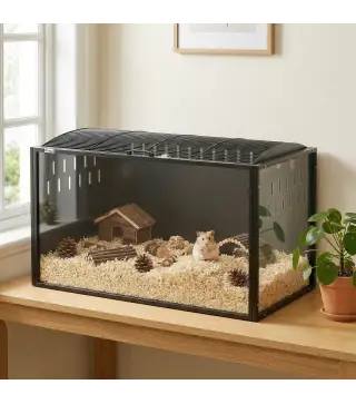 Jaula para Hámster Grande 105x51x53 cm con Tapa Ventilada Abatible, Marco de Acero, Paneles Transparentes Negro