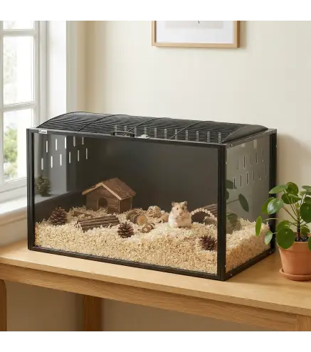 Jaula para Hámster Grande 105x51x53 cm con Tapa Ventilada Abatible, Marco de Acero, Paneles Transparentes Negro