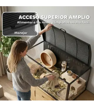 Jaula para Hámster Grande 105x51x53 cm con Tapa Ventilada Abatible, Marco de Acero, Paneles Transparentes Negro
