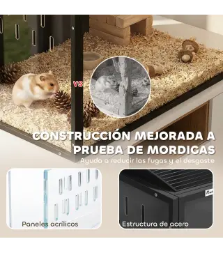Jaula para Hámster Grande 105x51x53 cm con Tapa Ventilada Abatible, Marco de Acero, Paneles Transparentes Negro