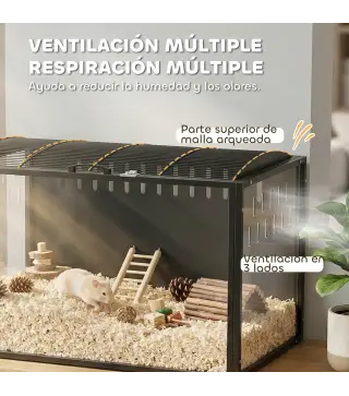 Jaula para Hámster Grande 105x51x53 cm con Tapa Ventilada Abatible, Marco de Acero, Paneles Transparentes Negro