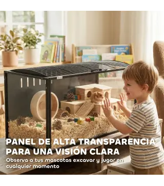Jaula para Hámster Grande 105x51x53 cm con Tapa Ventilada Abatible, Marco de Acero, Paneles Transparentes Negro
