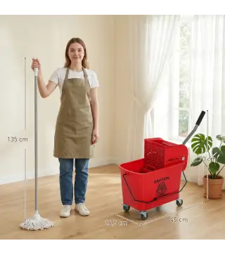 Cubo de Fregar con Escurridor Panel Separador y Ruedas Capacidad 20L para Limpieza Doméstica 45x26,5x70 cm Rojo