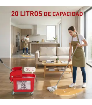 Cubo de Fregar con Escurridor Panel Separador y Ruedas Capacidad 20L para Limpieza Doméstica 45x26,5x70 cm Rojo