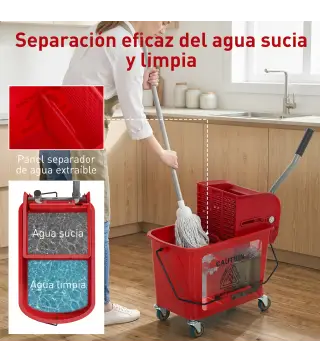 Cubo de Fregar con Escurridor Panel Separador y Ruedas Capacidad 20L para Limpieza Doméstica 45x26,5x70 cm Rojo