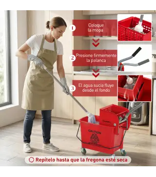 Cubo de Fregar con Escurridor Panel Separador y Ruedas Capacidad 20L para Limpieza Doméstica 45x26,5x70 cm Rojo