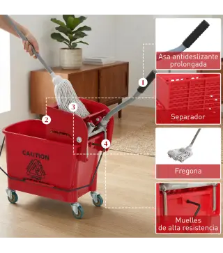 Cubo de Fregar con Escurridor Panel Separador y Ruedas Capacidad 20L para Limpieza Doméstica 45x26,5x70 cm Rojo