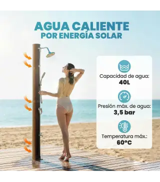 Ducha Solar Jardín 40L con Cabezal Ducha de Mano Grifo para Pies y Temperatura Ajustable Máx. 60 °C para Piscina Negro
