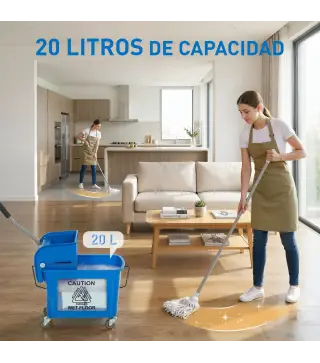 Cubo de Fregar con Escurridor Panel Separador y Ruedas Capacidad 20L para Limpieza Doméstica 45x26,5x70 cm Azul