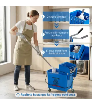 Cubo de Fregar con Escurridor Panel Separador y Ruedas Capacidad 20L para Limpieza Doméstica 45x26,5x70 cm Azul