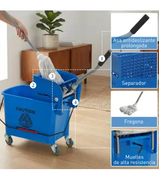 Cubo de Fregar con Escurridor Panel Separador y Ruedas Capacidad 20L para Limpieza Doméstica 45x26,5x70 cm Azul