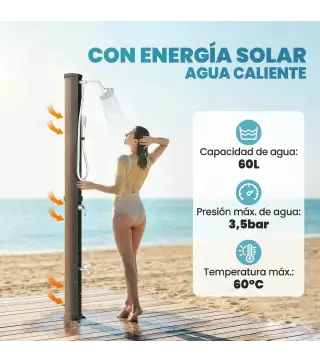 Ducha Solar Jardín 60L con Cabezal Ducha de Mano Grifo para Pies y Temperatura Ajustable Máx. 60 °C para Piscina Negro