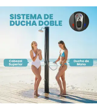 Ducha Solar Jardín 60L con Cabezal Ducha de Mano Grifo para Pies y Temperatura Ajustable Máx. 60 °C para Piscina Negro