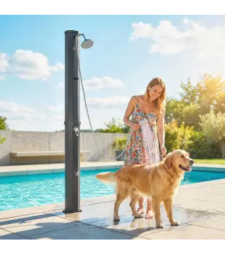 Ducha Solar Jardín 60L con Cabezal Ducha de Mano Grifo para Pies y Temperatura Ajustable Máx. 60 °C para Piscina Negro