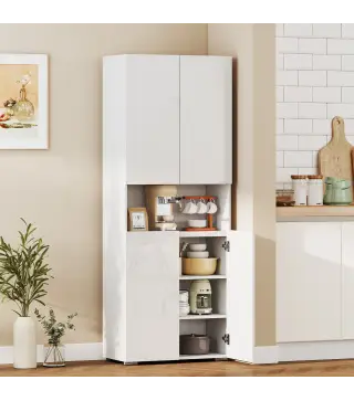 Alacena de Cocina con 4 Puertas Compartimento Abierto Estantes Ajustables 68x34x180 cm Blanco Brillo