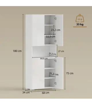 Alacena de Cocina con 4 Puertas Compartimento Abierto Estantes Ajustables 68x34x180 cm Blanco Brillo