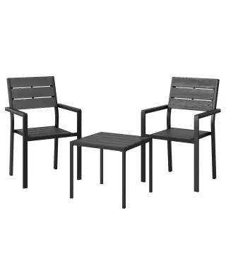 Conjunto de Jardín de 3 Piezas con 2 Sillas y Mesa de HDPE Diseño Listones Efecto Madera para Patio Balcón Negro