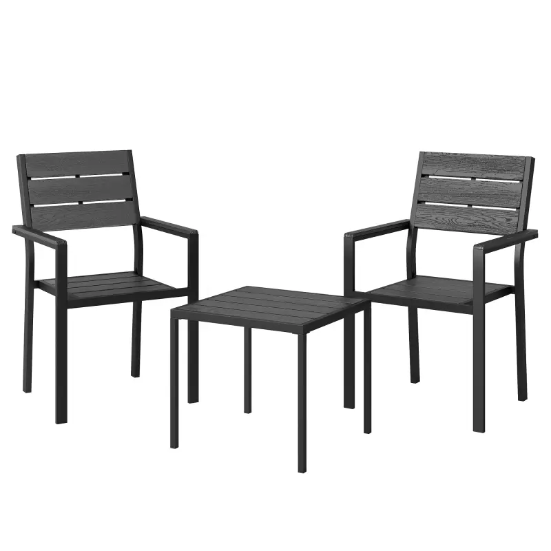 Conjunto de Jardín de 3 Piezas con 2 Sillas y Mesa de HDPE Diseño Listones Efecto Madera para Patio Balcón Negro