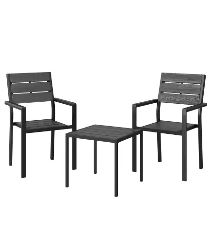 Conjunto de Jardín de 3 Piezas con 2 Sillas y Mesa de HDPE Diseño Listones Efecto Madera para Patio Balcón Negro