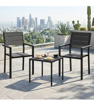 Conjunto de Jardín de 3 Piezas con 2 Sillas y Mesa de HDPE Diseño Listones Efecto Madera para Patio Balcón Negro