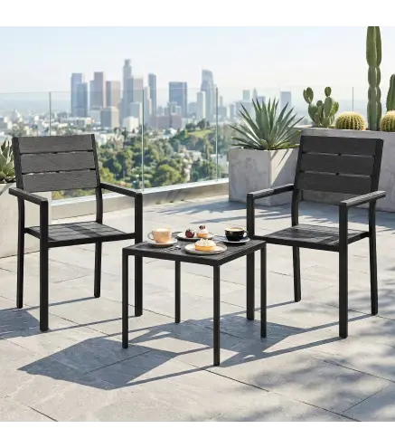 Conjunto de Jardín de 3 Piezas con 2 Sillas y Mesa de HDPE Diseño Listones Efecto Madera para Patio Balcón Negro