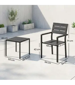 Conjunto de Jardín de 3 Piezas con 2 Sillas y Mesa de HDPE Diseño Listones Efecto Madera para Patio Balcón Negro