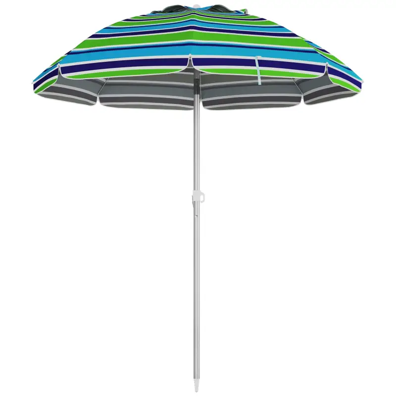 Sombrilla de Playa Ø178x205 cm con Reclinación 45° Altura Ajustable Anti-UV Impermeable y Bolsa de Transporte Multicolor