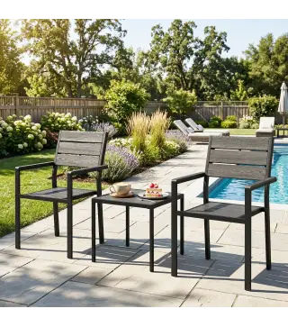 Conjunto de Jardín de 3 Piezas con 2 Sillas y Mesa de HDPE Diseño Listones Efecto Madera para Patio Balcón Negro