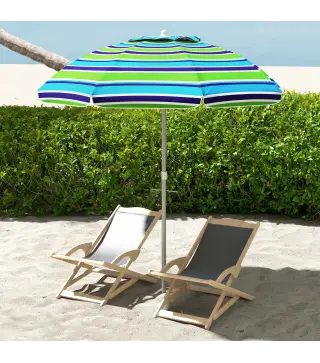 Sombrilla de Playa Ø178x205 cm con Reclinación 45° Altura Ajustable Anti-UV Impermeable y Bolsa de Transporte Multicolor