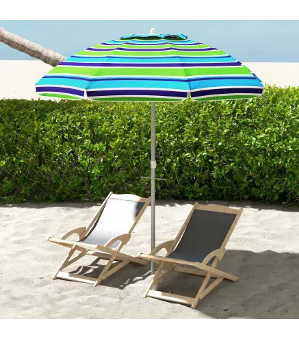 Sombrilla de Playa Ø178x205 cm con Reclinación 45° Altura Ajustable Anti-UV Impermeable y Bolsa de Transporte Multicolor