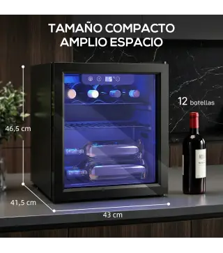 Vinoteca 12 Botellas Nevera para Vinos con Capacidad de 36 L Temperatura Ajustable 4-16℃ Puerta de Vidrio Luz LED Negro