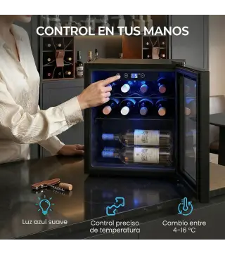 Vinoteca 12 Botellas Nevera para Vinos con Capacidad de 36 L Temperatura Ajustable 4-16℃ Puerta de Vidrio Luz LED Negro