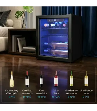 Vinoteca 12 Botellas Nevera para Vinos con Capacidad de 36 L Temperatura Ajustable 4-16℃ Puerta de Vidrio Luz LED Negro
