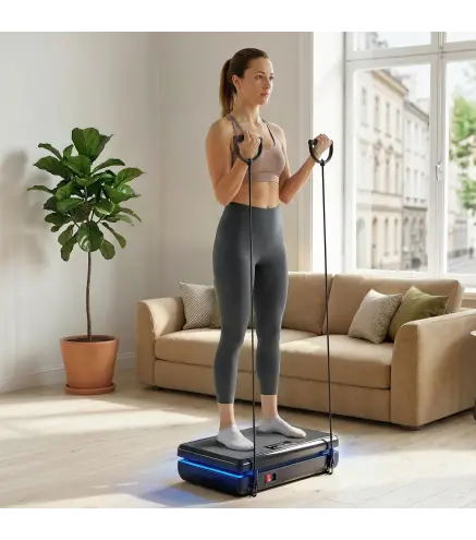 Plataforma Vibratoria con 120 Velocidades 5 Programas Pantalla LED Luz Mando a Distancia 2 Bandas Elásticas Negro